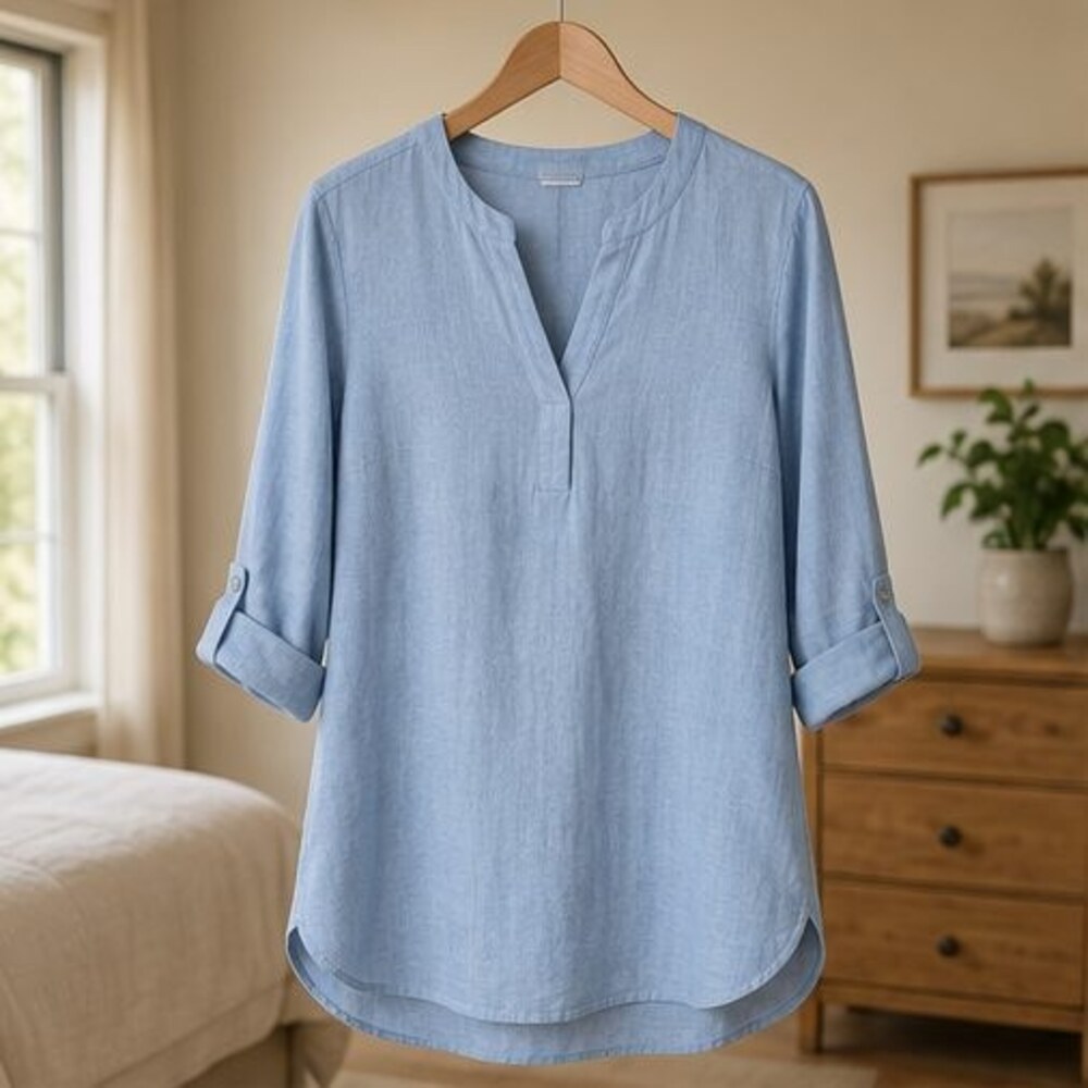 Powder Blue Split Neck Tunic Blouse
